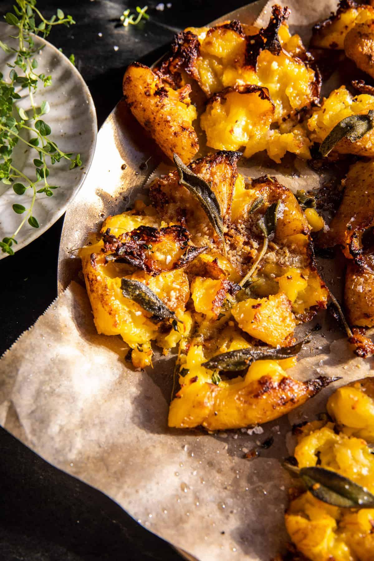 golden brown potato peel chips with sage and brown butter