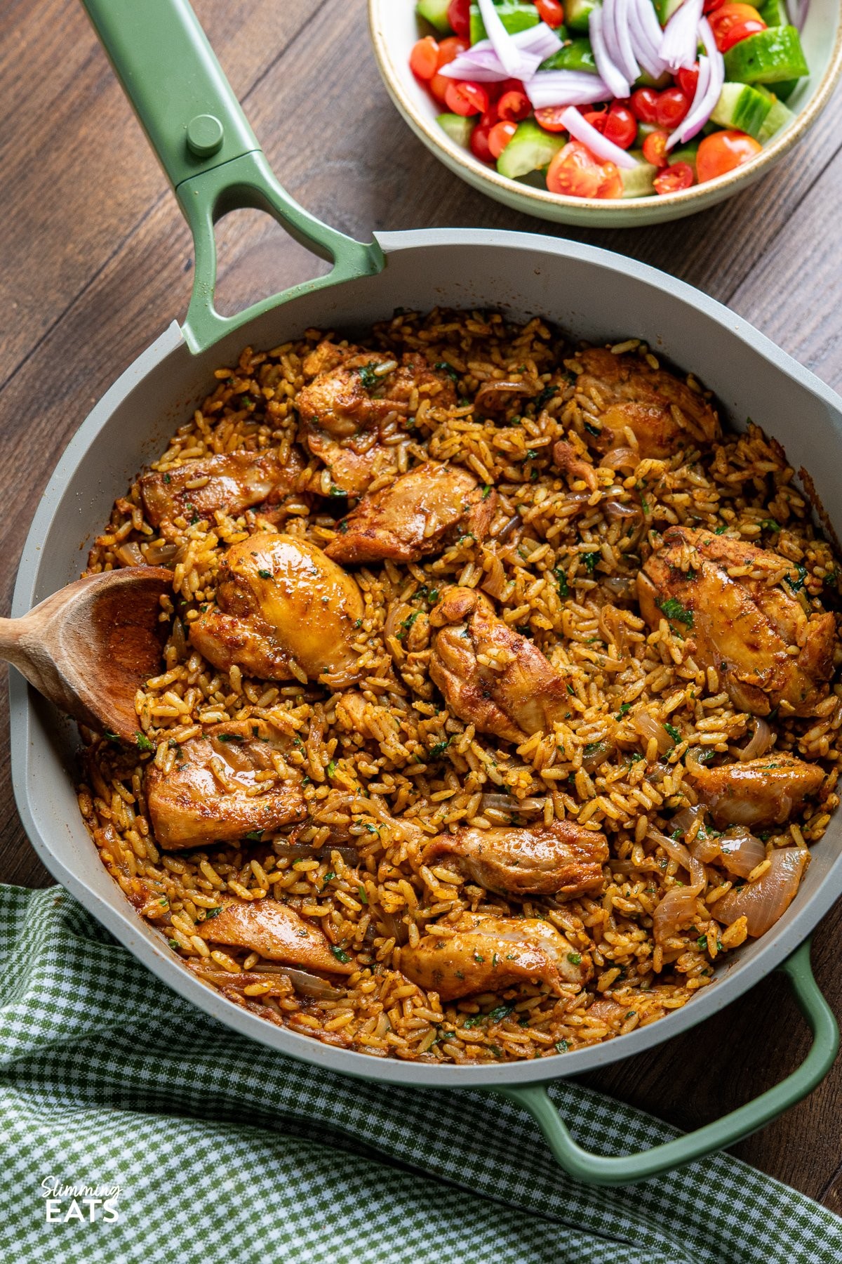 overhead shot of one pot shawarma chicken and rice