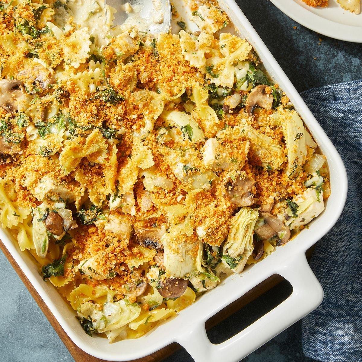Chicken and Spinach Artichoke Casserole golden brown and bubbly